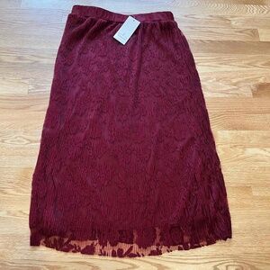 New NWT EMBER‎ Dark Red Skirt Floral Lace Overlay Midi A-Line Boho Chic Size M